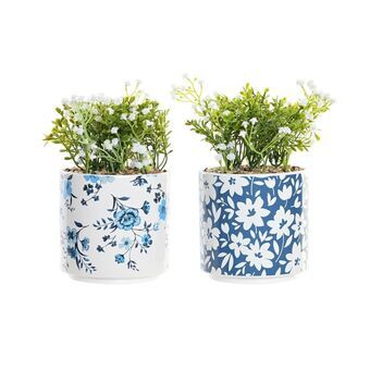 Dekorativ Plante DKD Home Decor Vase Porselen Blå Hvit Grønn PE (13.5 x 13.5 x 25 cm) (2 enheter)