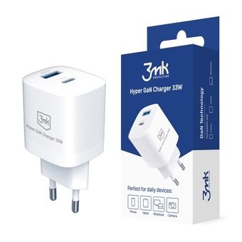 3MK Hyper GaN Charger 33W Power Delivery er en vegglader med 1xUSB-A-uttak og 1xUSB-C-uttak.