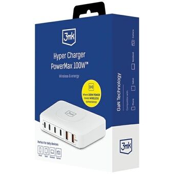 3MK Hyper Charger PowerMax 100W 4xUSB-C + 2xUSB-A ladehubb med trådløs lading QC+PD