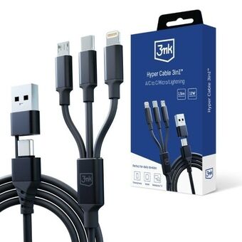 3MK Hyper Cable 3w1 USB-A/USB-C - USB-C/Micro/Lightning 1.5m Svart Kabel