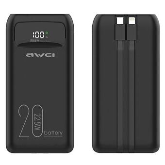 AWEI PowerBank P169K 20000mAh 22,5W svart/sort skjerm + PD/Lyn-kabler