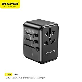 Awei Ład. siec. 2xUSB+3xUSB-C C-40 65W adapter 4w1 US/AU/EU/UK czarny/black Univesal Travel GaN Charger

En Awei Ład. siec. 2xUSB+3xUSB-C C-40 65W adapter 4w1 US/AU/EU/UK svart Universal Travel GaN Charger