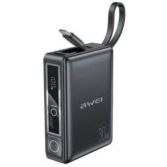 AWEI PowerBank med innebygd kabel P87K 10000mAh svart/black 30W