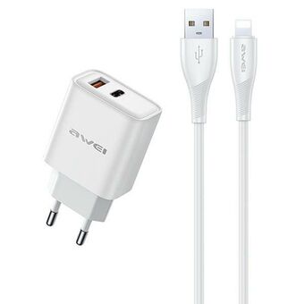 AWEI lad. nett. PD81L-EU 22,5W + USB-kabel + Lightning hvit GaN