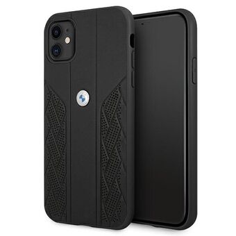 Etuiet BMW BMHCN61RSPPK for iPhone 11 / Xr 6,1" i fargen svart, er laget av hardplast med skinnoverflate og har perforert mønster.