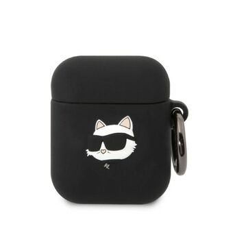 Karl Lagerfeld KLA2RUNCHK AirPods 1/2-deksel, svart silikon, Choupette-hode, 3D.