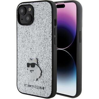 Karl Lagerfeld KLHCP15SGCNPSG iPhone 15 6.1" sølvfarget deksel med fast glitter Choupette-logo og metallnål.