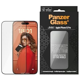 PanzerGlass keramisk beskyttelse til iPhone 15 Pro 6.1" ultrabred passform skjermbeskyttelse. Enkel justeringsverktøy inkludert. 2838.