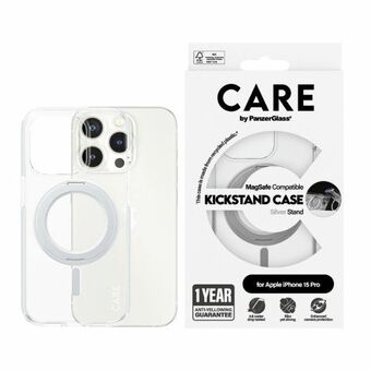 Vennligst oversett til norsk:

CARE by PanzerGlass Kickstand-etui iPhone 15 Pro 6,1" MagSafe sølv 1414.