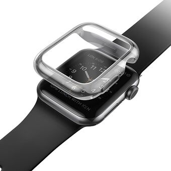 UNIQ-etuiet beskytter Apple Watch Series 4/5/6/SE/SE2 i størrelsen 44mm. Det er i fargen grå/røykgrå.