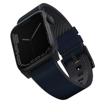 UNIQ remme til Apple Watch Series 1/2/3/4/5/6/7/8/9/SE/SE2/Ultra/Ultra 2 på 42/44/45/49mm. Skinn-hybridrem i fargen blå.