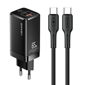 USAMS Laderen MT 2xUSB-C + USB GaN 65W T33 PD + kabel USB-C til USB-C 100W Hurtiglading svart/black MTXLOGTC01