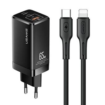 USAMS styring. Nettverk. MT 2xUSB-C + USB GaN 65W T33 PD + USB-C-Lightning 30W hurtigladekabel svart / svart MTXLOGTL01