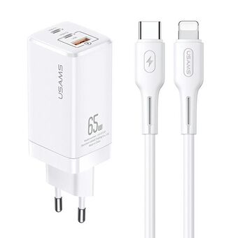 USAMS Lader MT 2xUSB-C+USB GaN 65W T33 PD + USB-C-til-Lightning kabel 30W hurtiglading hvit/white MTXLOGTL02