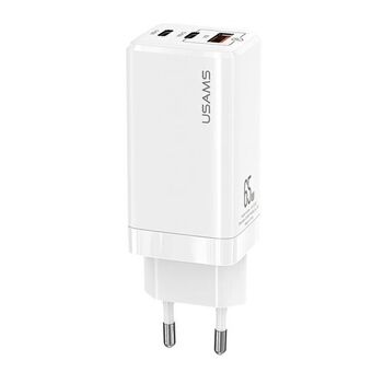 USAMS Lader for nettverk. MT 2xUSB-C+USB GaN 65W T33 PD (kun hodet) Hurtiglading hvit/CC110TC02 (US-CC110)