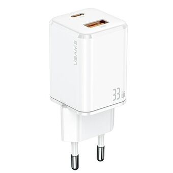 USAMS Lader med 1xUSB-C+1xUSB T43 33W (kun hode) PD3.0 + QC3.0 Hurtiglading hvit/white CC144TC02 (US-CC144)