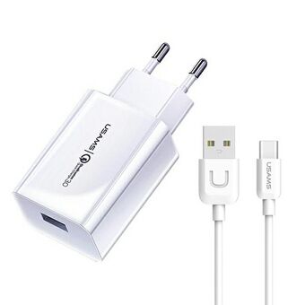 USAMS Lader med strømadapter 1xUSB T22 18W 3A QC3.0 + USB-C-kabel 1m hvit (T48) T48OCLN01