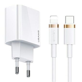 USAMS styring. Nettverk. 1xUSB-C T34 20W 5V-3A PD3.0 + U63 USB-C til lynkabel 20W hvit/hvit T49OCLN01