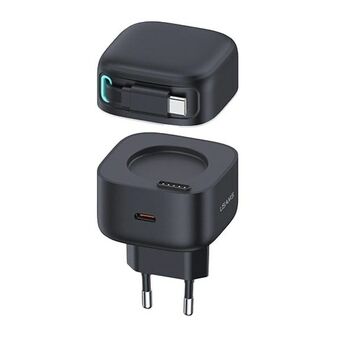 USAMS Lader for stikkontakt med 1xUSB-C med sammenrullbar USB-C-kabel (bare hodet) PD+QC 35W Gan Hurtiglading svart XMF-serien CC202TC01 (US-CC202)