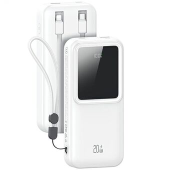 USAMS Powerbank med innebygde kabler USB-C+Lightning 30000 mAh 20W PD+Qc 3.0 Rask Lading X-chel Serier hvit/white 30KCD21302 (US-CD213)