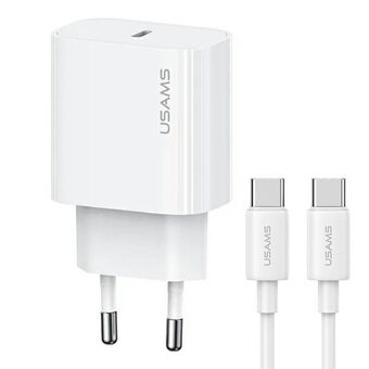 USAMS lader for stikkontakt 1xUSB-C T65 PD20W PD hurtiglading US-CC226 + USB-C/USB-C kabel US-SJ711 60W hvit/white Yi Series OYXLTZ01