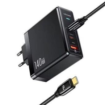 USAMS ladeadapter 2xUSB-C+1xUSB T52 PD140W PD Hurtiglading US-CC168 + kabel U82 USB-C/USB-C US-SJ581 240W svart/sort UM-serien UMXLOGTC01