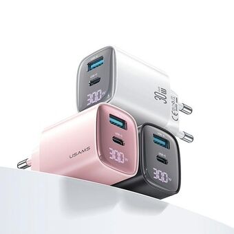 USAMS Laderenhet CC229 30W GaN USB-C/USB-A Hurtiglading XC-serien rosa/pink CC229TC03