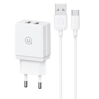 USAMS Ladeapparat 2xUSB-A + kabel USB-C/ USB-A Hurtiglading hvit/hvit serie HC HCXLTZ03