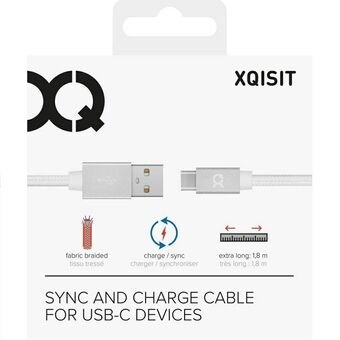 Xqisit kabel bomull USB C 3.0 hvit/hvitt 1.8m 27748