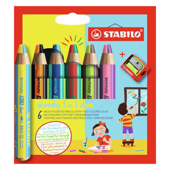 STABILO woody 3 i 1 Duo - Multitalent Fargeblyant - Sett 6 stk. + Blyantspisser