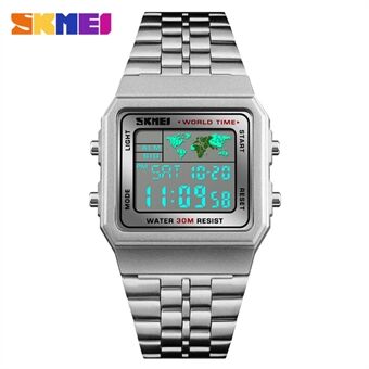 SKMEI Business Waterproof Men Watch World Time Stainless Steel Band - Sølv