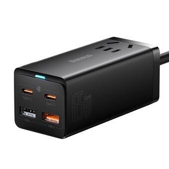 BASEUS GaN3 Pro Strømskinne for skrivebord AC+2 USB+2 Type-C Porter 65W CN-plugg Strømskinne med 1m Type-C til Type-C kabel - Svart