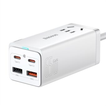 BASEUS GaN3 Pro Desktop Powerstrip AC+2 USB+2 Type-C Porter 65W CN Plug Strømstripe med 1m Type-C til Type-C Kabel - Hvit