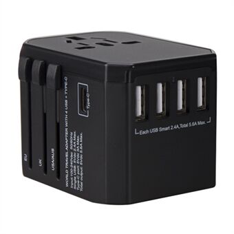 788C Universal Travel Adapter Internasjonal AC Plug Adapter 5,6A høyhastighetslader med 4 USB + Type-C