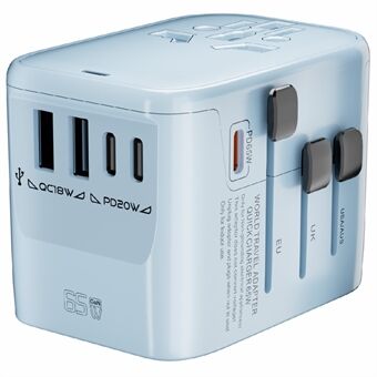 HHT906 PD 65W GaN Verdensomspennende Reisestrømadapter 2xUSB+3xType-C Vegglader Pluggomformer