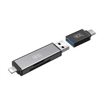 KAWAU C350TL iP+USB3.0+Type-C Kortleseradapter Støtter SD / TF Kort Aluminiumslegering Mobiltelefon OTG Kortleser