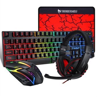 T-WOLF TF800 Gaming tastatur + mus + Gaming headset + musematte Kombo med LED-bakgrunnsbelysning for spill / arbeid.