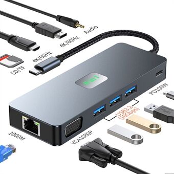 2309 Type-C til 11-Port USB Hub 4K 60Hz HD Skjermspeiling Gigabit Ethernet Adapter Laptop Tablet Dokkingstasjon