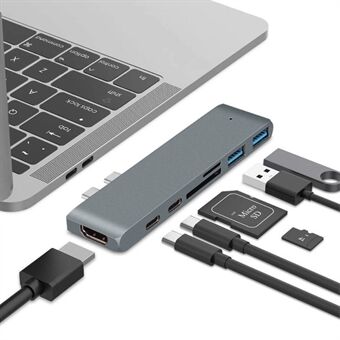 Dual USB-C Hub Type-C til Thunderbolt 3 + Type-C + 4K HDMI + USB 3.0 x 2 + SD + MicroSD-kortleseradapter