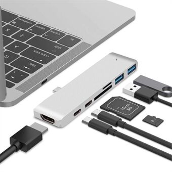 Dual USB-C Hub Type-C til Thunderbolt 3 + Type-C + 4K HDMI + USB 3.0 x 2 + SD + MicroSD-kortleseradapter