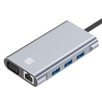 JUNSUNMAY JSM-HUB002 USB-C-dokkingstasjonshub med HD 4K-utgang, VGA, PD-lader, USB 3.0, 2xUSB 2.0, RJ45 Ethernet 1000M-port