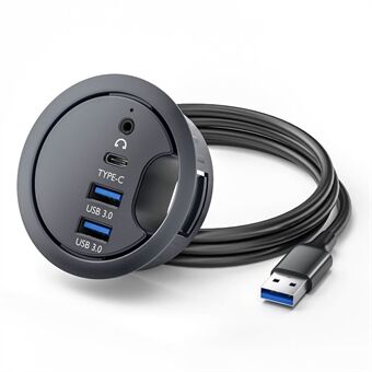 U3-095-HUB05 USB 3.0 Hub 2xUSB3.0 + 3.5 mm + Type-C 60mm Skrivebords Grommet Splitter Dock Stasjon