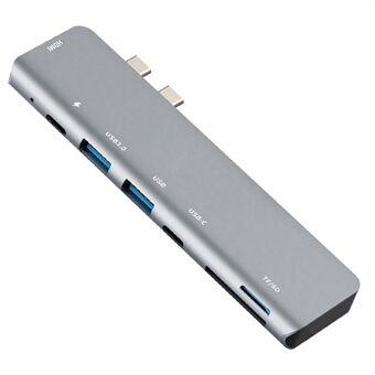7 i 1 bærbar aluminiumslegering Dual Type-C Hub til USB 3.0 + USB C + USB + SD / TF-kortleser Multiport Adapter Dongle for MacBook