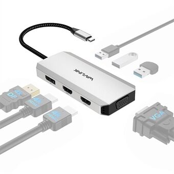 WAVLINK UMD304 7-i-1 bærbar dokkingstasjon konverterer USB-C til Dual HD 4K / 60 Hz / VGA / 3 USB2.0-hubadapter.