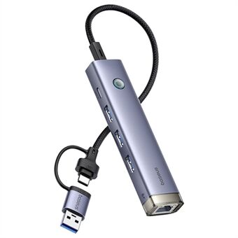 BASEUS UltraJoy Series BS-OH185 USB Hub USB-A / Type-C til 3xUSB 3.0 + RJ45 + Type-C Adapter - Grå