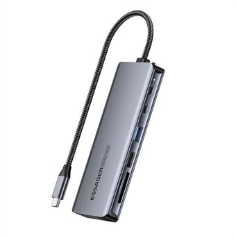 ESSAGER 7-i-1 Dokkingstasjon USB Hub Type-C til 2xUSB-C + USB3.2 + USB2.0 + SD / TF Kortspor + Harddiskkabinett