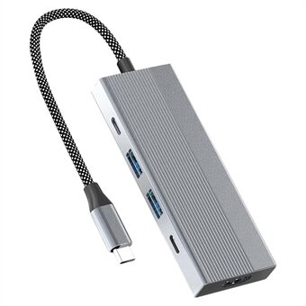 8-i-1 Type-C Hub Aluminiumlegering Dokkingstasjon, 4K HD + RJ45 + USB-C + 2 USB 3.0 + TF / SD-kortleser