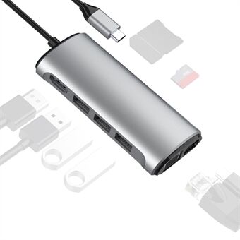 FX-1926B 8 i 1 Type-C Hub Dongle med HDMI 4K@60Hz / RJ45 Ethernet / 100W Strømlevering / SD / TF-kortleser