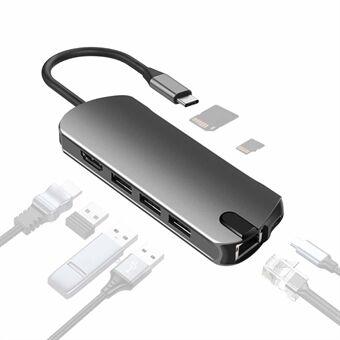 FX-1916 Type-C HUB 8 i 1 USB-C Adapter med 4K@30Hz HDMI / 100W PD USB-C Port / USB 3.0 / RJ45 Ethernet / SD / TF Kortleser Dokkingstasjon