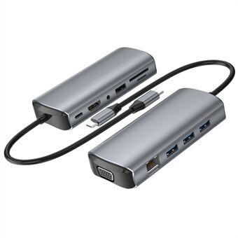 1928 11-i-1 Dokkingstasjon Type-C til USB-C + USB2.0 + 3xUSB3.0 + SD / TF Kortspor + 3,5mm + 4K HD + VGA + RJ45 USB Hub Adapter